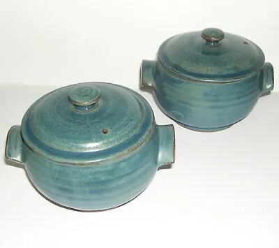 Buy L.P. Norfolk Pottery - Attractive Pair Of Blue Ribbed Twin Handled Lidded Pots. • 50£
