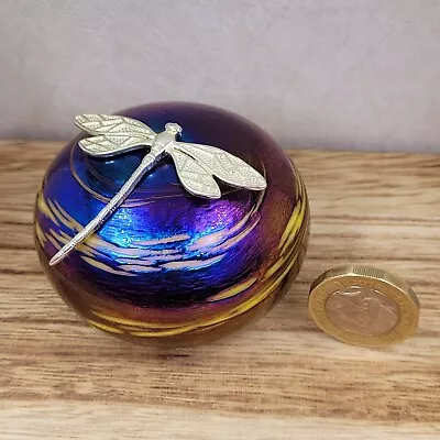 Buy Neo Art Glass Multi Ridescent Blue Purple Glass Paperweight Pewter Dragonfly • 22£