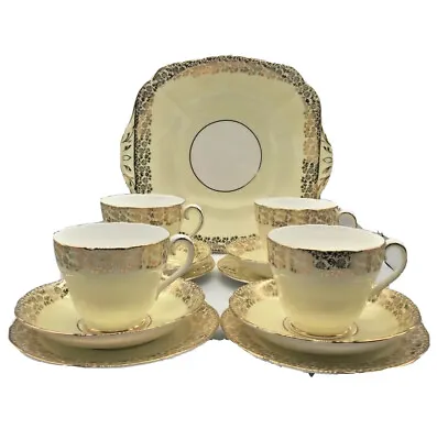 Buy Adderley Fine Bone China 4 X Cups Saucers Tea Plates & Cake Plate Lemon Gilded • 79£