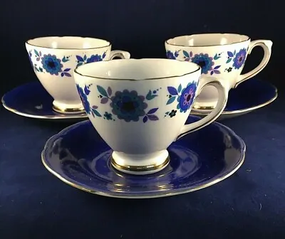 Buy Vintage Royal Sutherland Blue, White & Floral Tea Cup & Saucer Duo (3 Available) • 9.99£