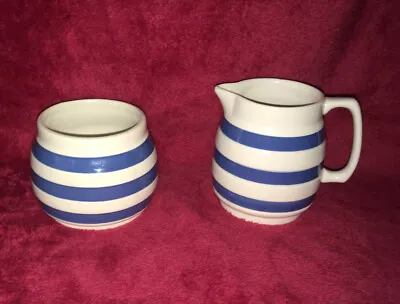 Buy Staffordshire Blue & White Striped Milk Jug & Sugar Bowl. For Cornishware Lovers • 12£