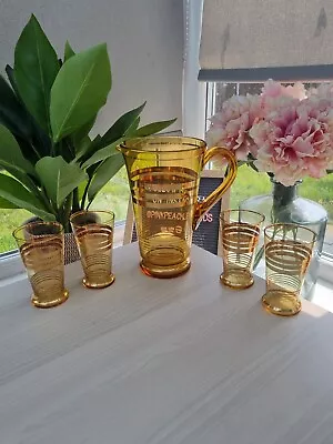Buy Stunning Vintage 5PC Amber Gold Banded Jug Pitcher And Matching Glasses Set • 17£