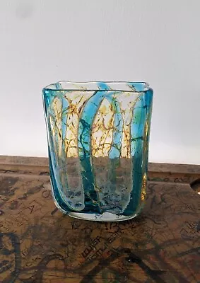 Buy Vintage 70s Mdina Malta Glass Rectangle Vase Crysal Blue Stripe Crizzle Signed • 20£