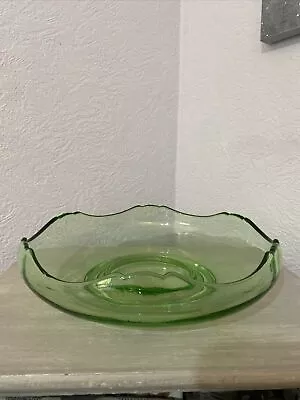 Buy Vintage Green Art Deco  Art Glass Fruit Bowl 28cm Round 7cm Height • 20£