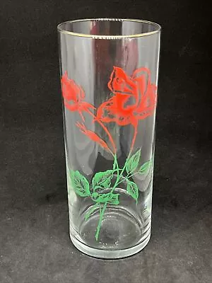 Buy Vintage 50s Tall Glass Rose Printed Tumbler Glass Kitsch Retro Gold Rim • 3£