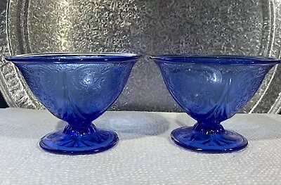 Buy 2 HAZEL ATLAS Royal Lace Cobalt Blue Footed Sherbet Bowl Depression Glass 1930s • 27.46£