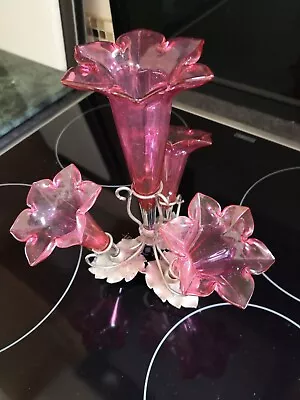Buy Beautiful Pink Glass Flower Ornament With EPNS Leaf Stand • 25£