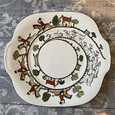 Buy CROWN STAFFORDSHIRE HUNTING SCENE EARED CAKE  PLATE. Horses Fox Hounds • 15£