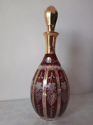 Buy Elegant Vintage Bohemian Czech Crystal Etched Cranberry Glass Wine Decanter- Bor • 54£