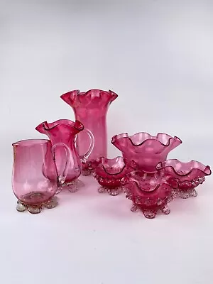 Buy 7 Victorian Cranberry Glass Table Wear Items, A Stunning Hand Blown Collection • 120£