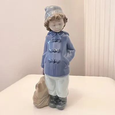 Buy Nao Lladro 1036 Ready For An  Excursion Boy With Blue Duffle Coat Brown Bag • 22.99£
