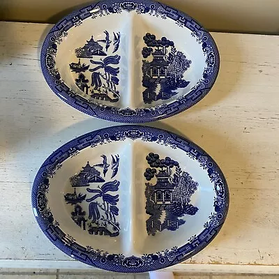 Buy Set Of 2 Churchill Blue Willow England Oval Divided Vegetable Bowl Serving Dish • 33.15£