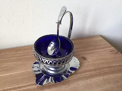 Buy Vintage Sugar Bowl Jam Sweet Dish Silver Coloured Metal Cobalt Blue Glass Liner • 6.50£