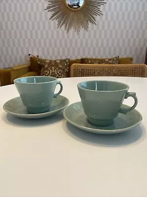 Buy 2 X Vintage Wood Woods Ware Beryl Green Cups & Saucers 1940s 1950s WWII Utility • 5.50£