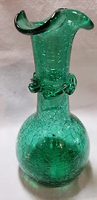 Buy Vintage Art Glass Green CRACKLE Vase Scalloped Top Twisted Ruffle Accent  • 9.64£