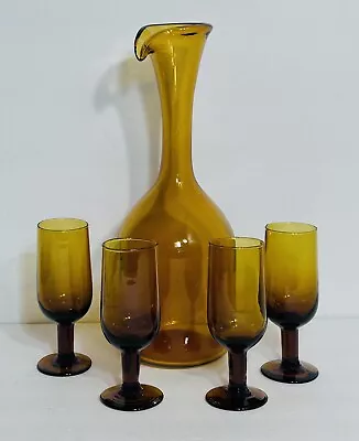 Buy Amber Glass Wine Decanter And 4 Cordial Sherry Shot Glasses • 42.68£