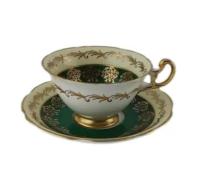 Buy Bone China Teacup & Saucer 1850 EB Foley Green Yellow & Gold W Flowers • 43.63£