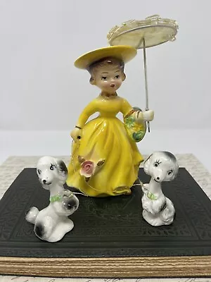 Buy Vintage WALES Japan Girl Yellow Dress 2 Poodles Leash Figurine MCM Parasol Trio • 48.02£