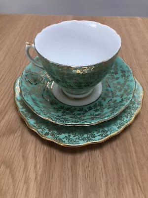 Buy Crown Regent Bone China Gold Harlequin Green Chintz Cup, Saucer, Cake Plate Trio • 4.99£