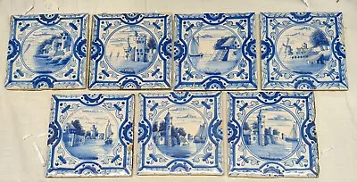 Buy 7 X 19th Century Blue And White Delft Picture Scene Tiles • 50£