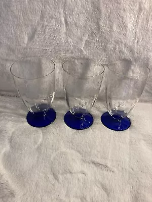 Buy VINTAGE ~ CRYSTAL ETCHED COBALT BLUE BASE Water GOBLET GLASS SET Of 3 • 19.37£