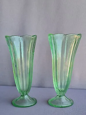 Buy 2 X A Pair Art Deco Green Glass Trumpet Vases Sundae  • 11.50£