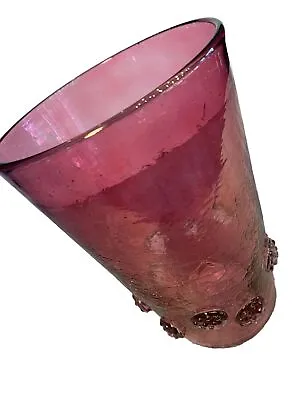 Buy MID CENTURY CRACKLE CRANBERRY GLASS Vase W/ Applied Medallions Hand Crafted • 85.70£