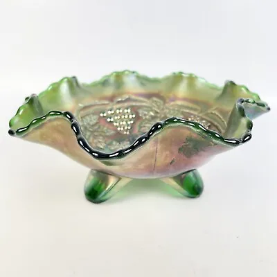 Buy Antique Vintage Fenton Green Carnival Glass Grape Cable 3 Footed Fruit Bowl • 37.86£