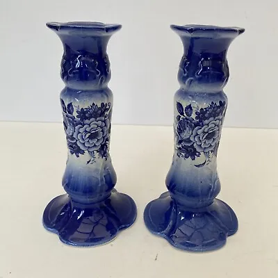 Buy Vintage Mayfayre Staffordshire Pottery Blue And White Candle Holders Ceramic • 14.99£