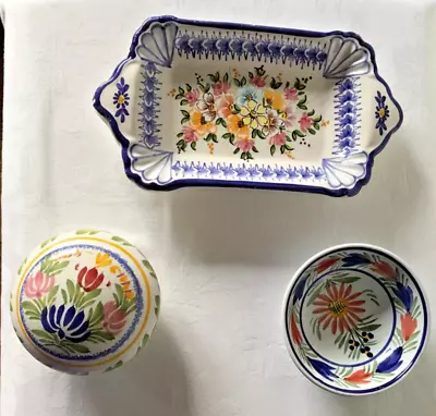 Buy Group Of 3 Vintage French   Quimper Faience Pottery Bowl, Dish & Lidded Pot. • 15£