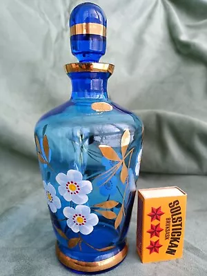 Buy Vintage Bohemia Glass Made In Czechoslovakia Flask Blue Gold Flower Liquor  • 5.99£