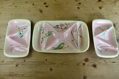 Buy Set Of 3 Vintage Shorter Pottery Hors Deuvres Dishes Floral Design Hand Painted • 12£