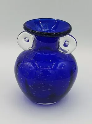 Buy Amici Cobalt Blue Art Glass Vase Hand Blown Applied Clear Handles 6x3.5  EUC.    • 15.11£