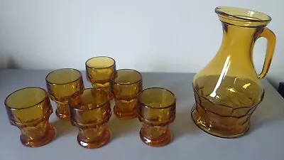 Buy Vintage 1970s Amber Coloured Glass Tumblers X 6 And Jug (Italian Made) • 35£
