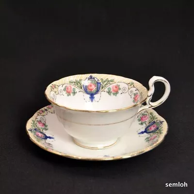 Buy Aynsley Footed Cup Saucer Doris Handle Pink Gold Cartouches Scalloped 1926-1934 • 73.96£