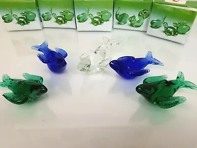 Buy 5 X DECORATIVE SMALL FISH GLASS PAPERWEIGHTS, BLUE, GREEN AND CLEAR W/ BOXES • 10£