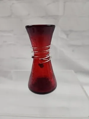 Buy Vintage Pilgrim Red W/Applied Threading Crackle Mini Vase Hand Blown Glass 4  • 11.46£