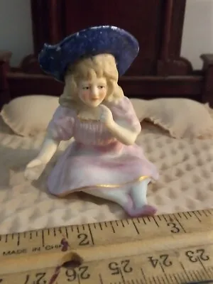 Buy Miniature Antique Dollhouse Porcelain Figurine Girl Bonnet Blue German 1:12 • 52.71£