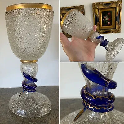 Buy Rare Antique Czech Bohemia C1860 Harrach Crackle Glass Snake Serpent Goblet Gold • 320£