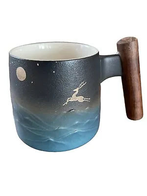 Buy TANG PIN Moon Deer Coffee Mug Ceramic Blue And Black Tea Mug Wooden Handle • 16.90£