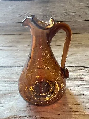 Buy Vtg Hand Blown Amber Crackle Glass Small Pitcher Vase Applied Handle  4.5” AS IS • 3.80£