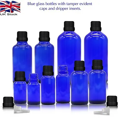 Buy Wholesale Cobalt BLUE GLASS Bottle With TAMPER EVIDENT PLASTIC CAP DRIPPERS Bulk • 132.70£