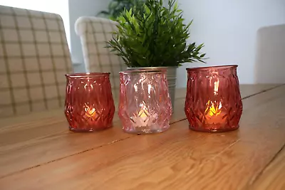 Buy 3 X Pink Glass T Light Holders | Brand New & Boxed | CLEARANCE • 6.99£