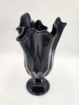 Buy Vintage Fenton Black Amethyst Glass Thumbprint Ruffled Edge Handkerchief Vase • 57.53£