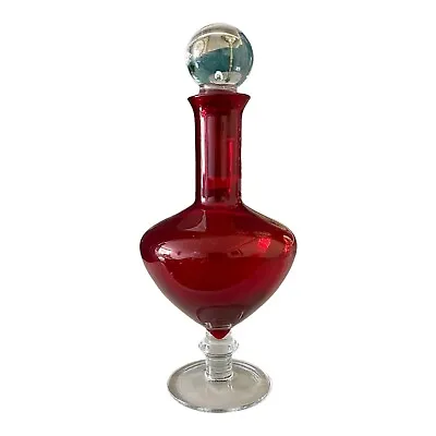 Buy Vintage Cranberry Blown Glass Decanter With Clear Sphere Top Mid Century Modern • 37£