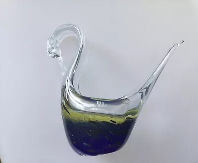 Buy Mtarfa Maltese Glass Blowers Glass Swan,Clear, Yellow & Blue Glass 15cm Tall NEW • 10£