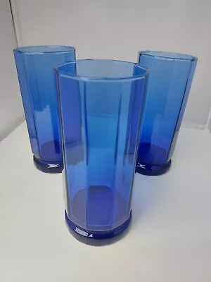 Buy Vintage Set Of 3 Anchor Hocking Cobalt Blue Essex Tall Drinking Glasses • 28.50£