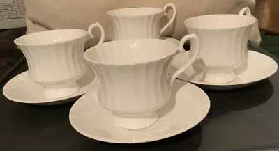 Buy Plain White Ridged Bone China Four Tea Cups & Five Saucers • 20£