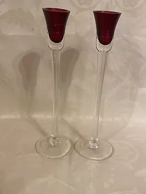 Buy Pair Of  Decorative Glass Candle Holders Ruby Red Tulip Shaped Top. • 22.99£