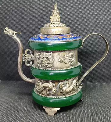 Buy Antique Chinese White Metal & Jade Cloisonne Enamel Teapot W/ Dragon • 120£